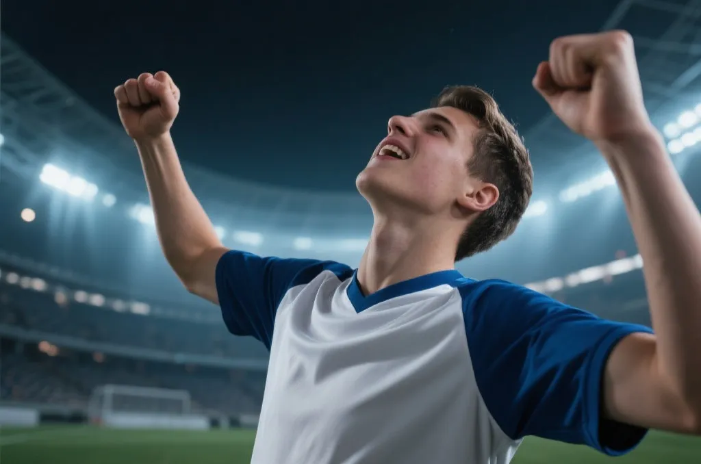 A close-up of a young athletic soccer player celebrating a goal, looking up with passion, modern stadium background, dramatic lighting, editorial sports photo
