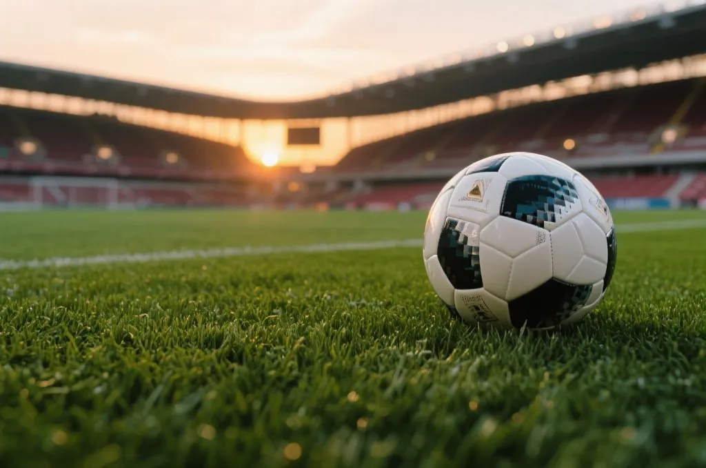 A professional soccer ball on a lush green turf pitch, sunset glow illuminating a stadium in the background