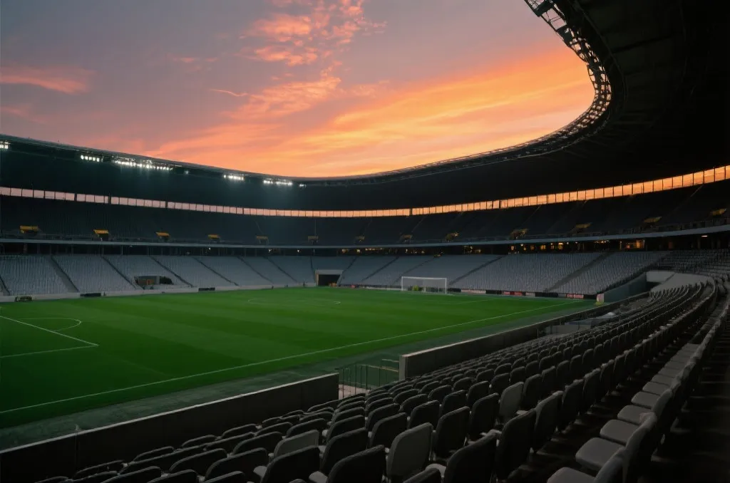 An atmospheric shot of a massive modern sports stadium at dusk