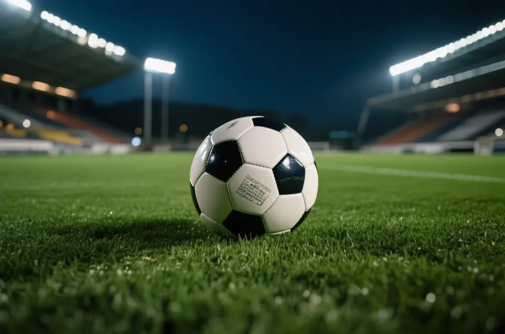 A close-up of a professional soccer ball resting on lush green stadium turf under bright modern floodlights